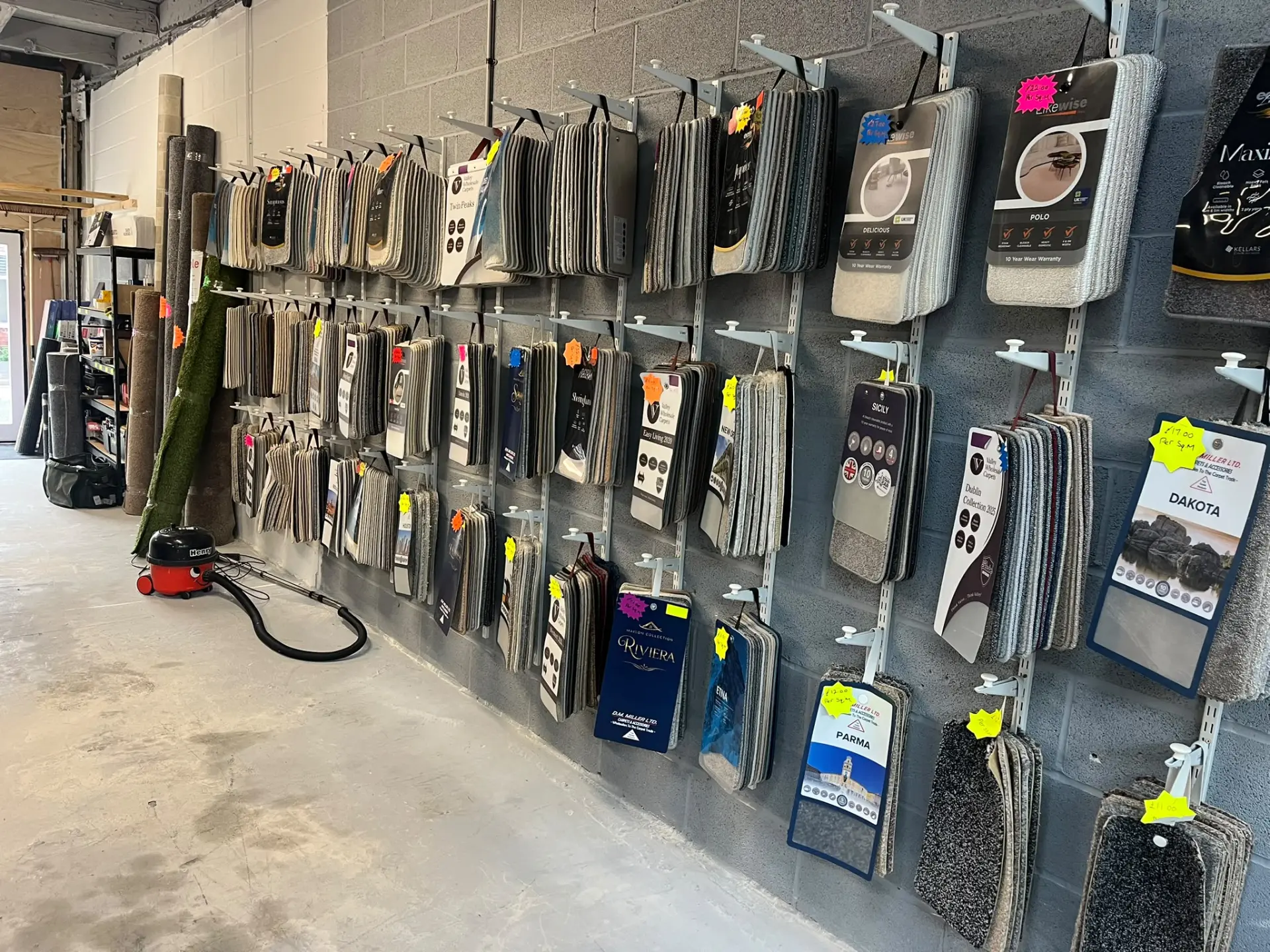 Carpet displays inside Temple Flooring Services’ Denton showroom